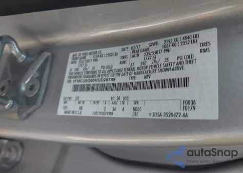 2017 Ford Escape Se из США, поврежденный, VIN 1FMCU9G95HUD28749